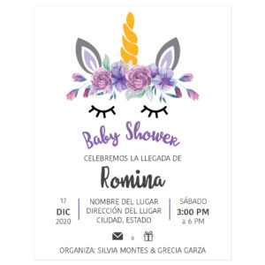 Diseño Invitación Baby Shower Unicornio Flores Morado