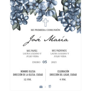 Invitación Primera Comunión Flores Cascada Azul
