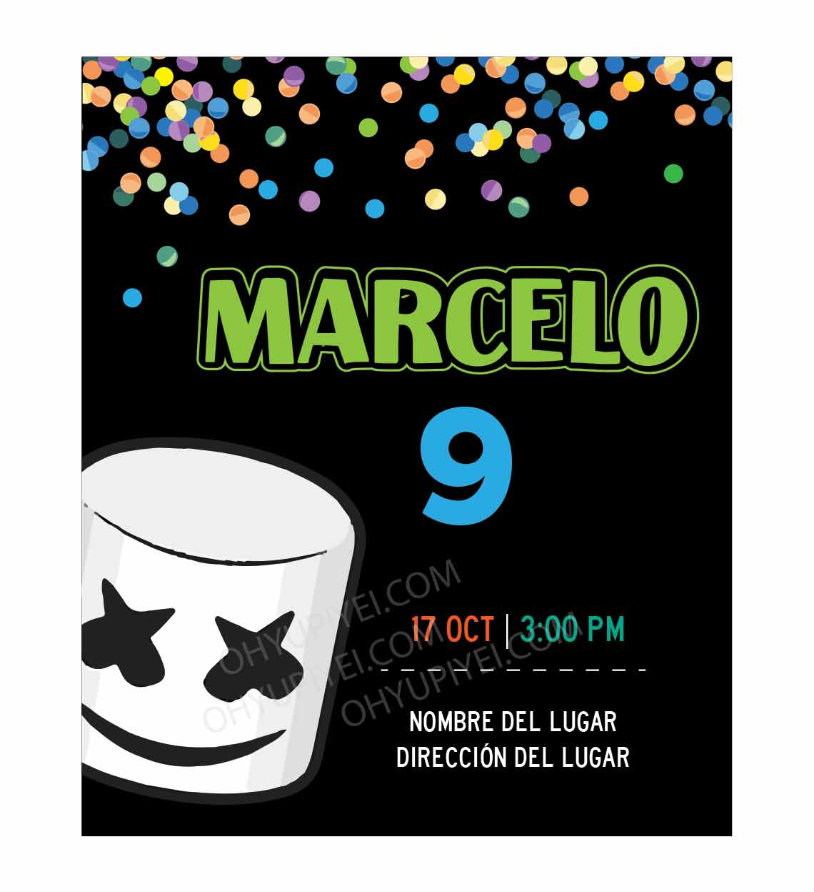 Invitación Cumpleaños Marshmello Confetti. Diseños Digitales.